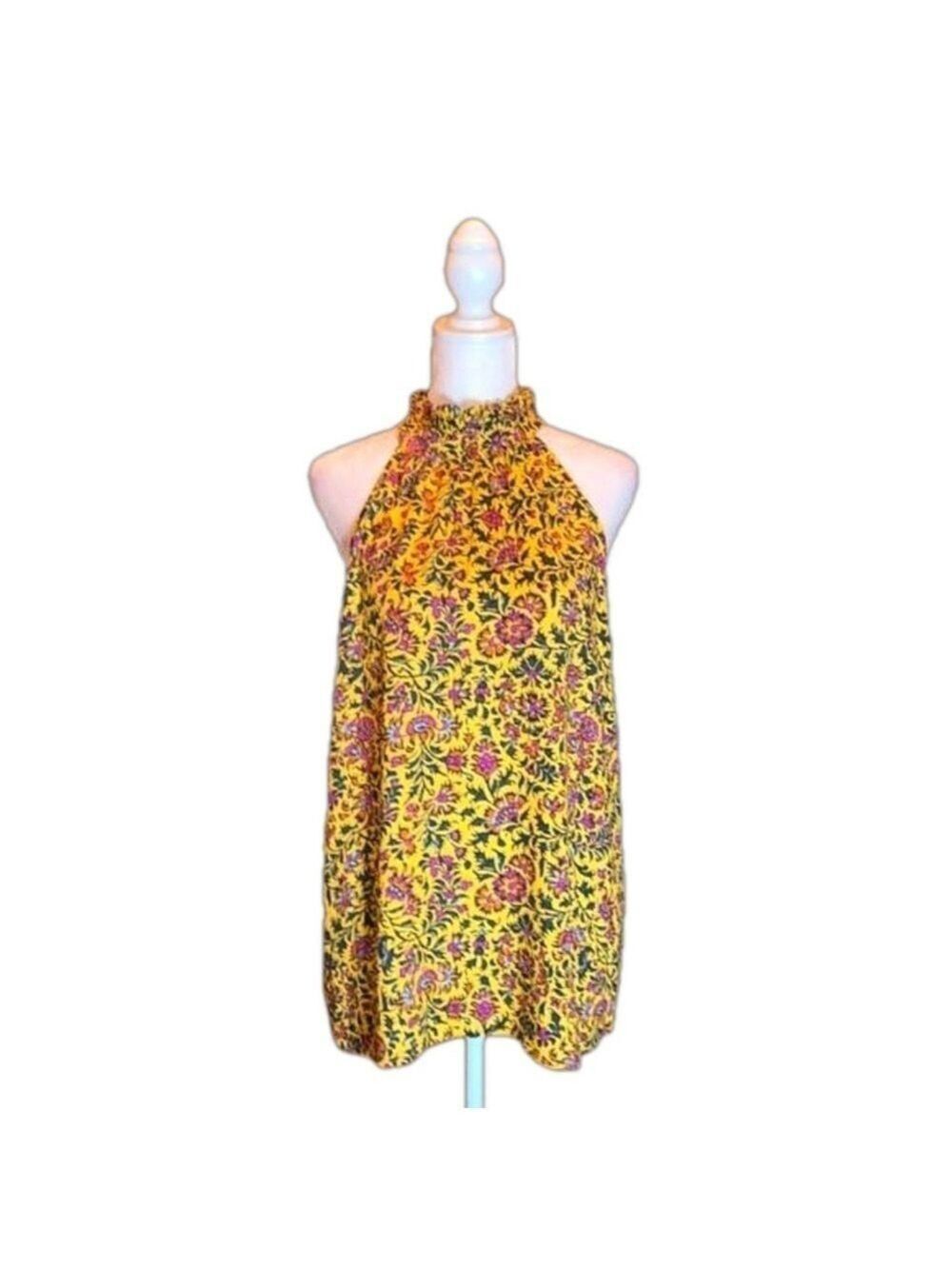 ANTHROPOLOGIE'S "Cynthia Rowley" Gold Floral Print Halter Style Tank Top Size S